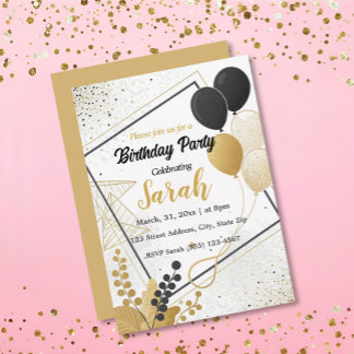 elegant black gold balloon Any Age birthday Invitation
