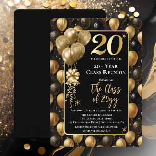 Elegant Black Gold Balloons 20 Year Class Reunion Invitation