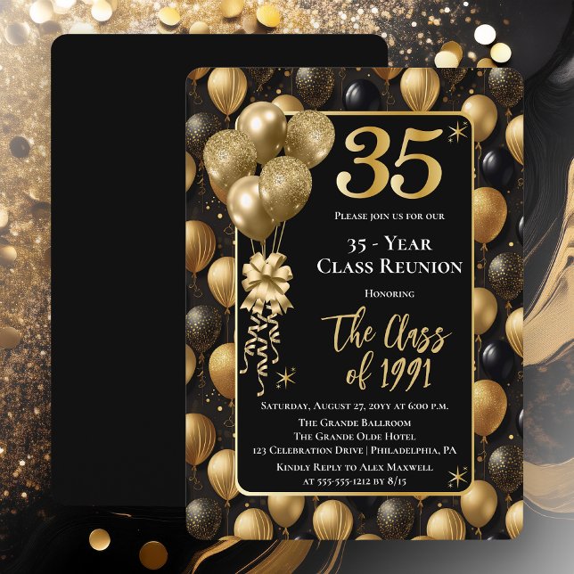 Elegant Black Gold Balloons 35 Year Class Reunion Invitation (Elegant 35 Year Black and Gold Tone Faux Glitter Balloons Class Reunion Invitations -Print | Digital)