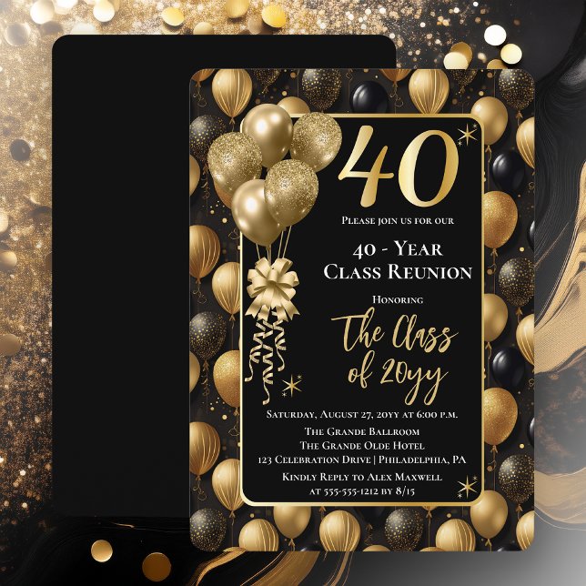 Elegant Black Gold Balloons 40 Year Class Reunion Invitation (Elegant 40 Year Black and Gold Tone Faux Glitter Balloons Class Reunion Invitations)