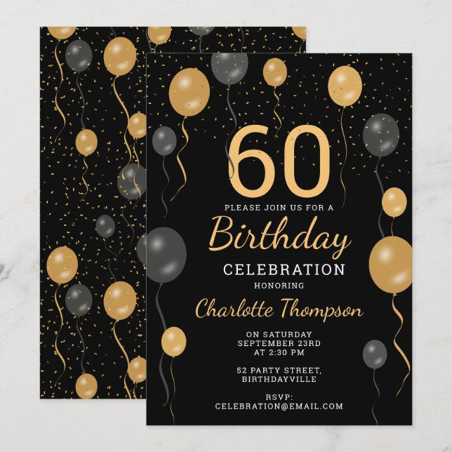 Elegant Black & Gold Balloons 60th Birthday Party Invitation (Front/Back)