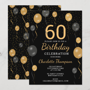Elegant Black & Gold Balloons 60th Birthday Party Invitation