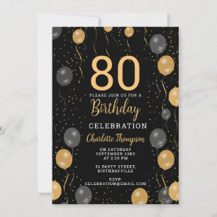 Elegant Black & Gold Balloons 80th Birthday Party Invitation