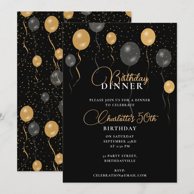 Elegant Black & Gold Balloons Birthday Dinner Invitation (Front/Back)