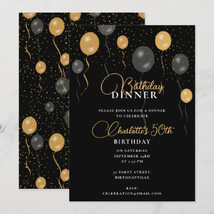 Elegant Black & Gold Balloons Birthday Dinner Invitation