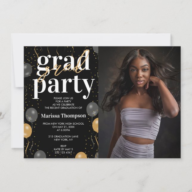 Elegant Black & Gold Balloons Graduation Photo Invitation (Front)