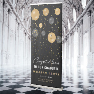 Elegant Black & Gold Balloons Graduation Retractable Banner