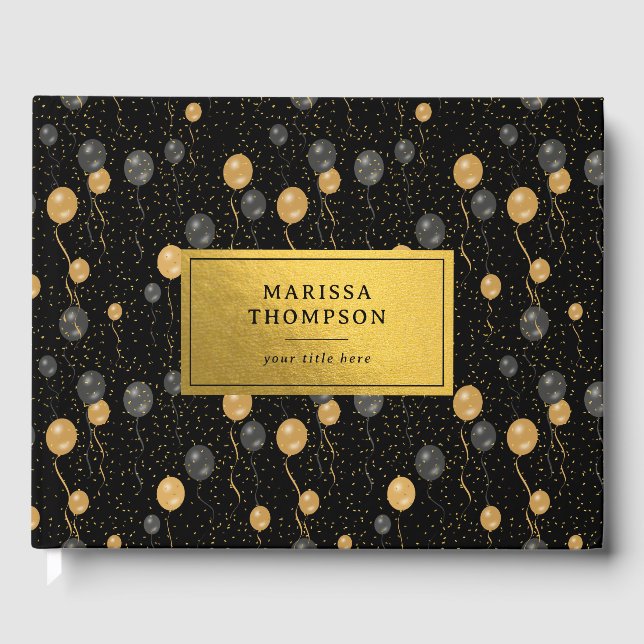 Elegant Black & Gold Balloons Keepsake Guest Book (Front)