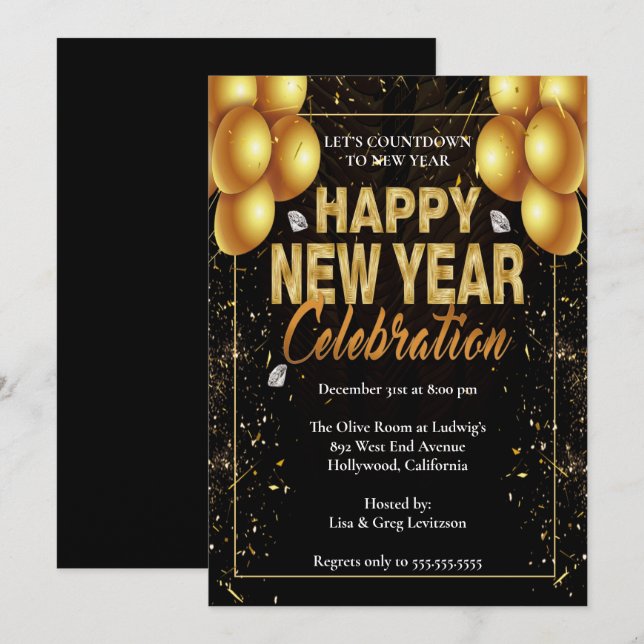 Elegant Black & Gold Balloons New Years Eve Party Invitation (Front/Back)