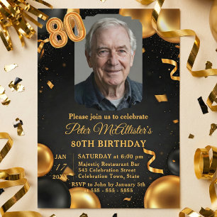 Elegant Black & Gold Balloons Photo 80th Birthday Invitation
