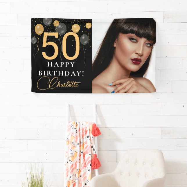 Elegant Black & Gold Balloons Photo Birthday Party Banner (Insitu)
