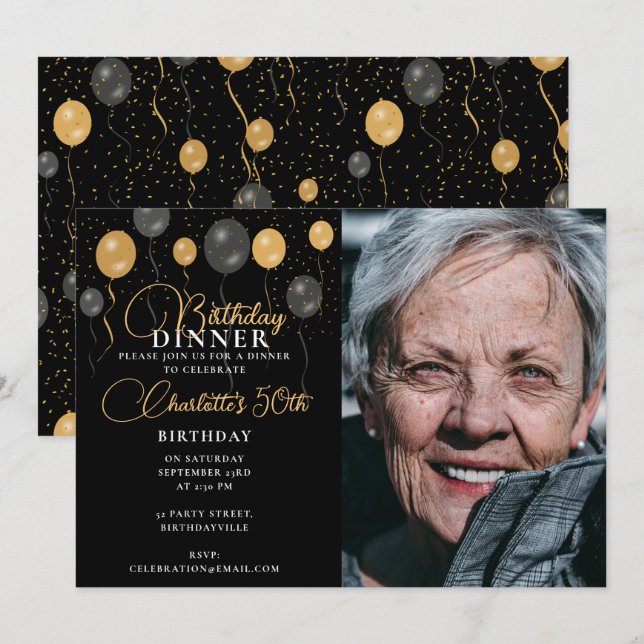 Elegant Black & Gold Balloons Photo Birthday Party Invitation (Front/Back)