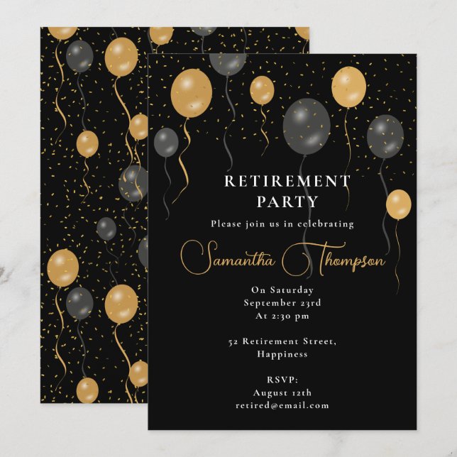 Elegant Black & Gold Balloons Retirement Party Invitation (Front/Back)
