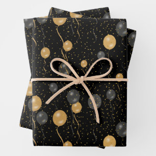 Elegant Black & Gold Balloons Wrapping Paper Sheet