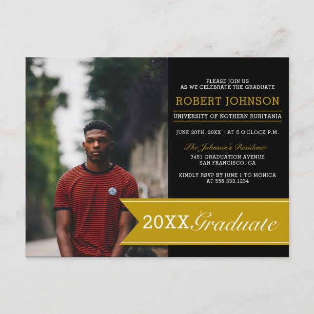 Elegant Black & Gold Banner Photo Graduation Party Invitation Postcard (Front)