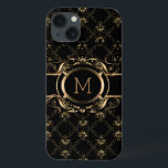 Elegant Black & Gold Baroque Floral Frame iPhone 13 Case<br><div class="desc">Elegant black and gold floral frame baroque style with customisable monogram.</div>