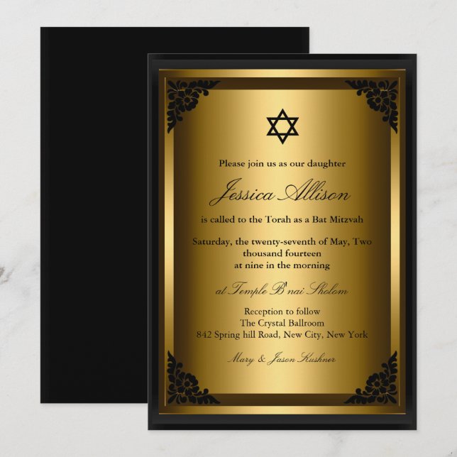 Elegant Black Gold bat mitzvah Invitation (Front/Back)