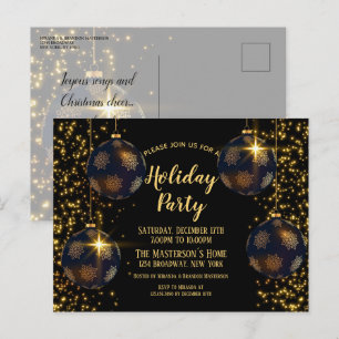 Elegant Black Gold Baubles Christmas Invitation Postcard