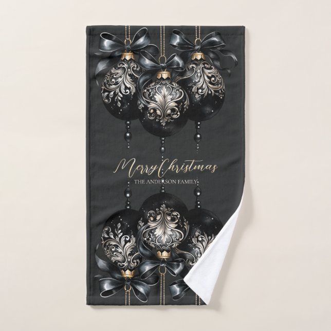 Elegant black gold baubles luxury Christmas Hand Towel (Hand Towel)