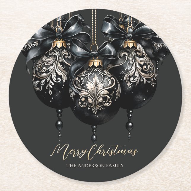 Elegant black gold baubles luxury Christmas Round Paper Coaster (Front)