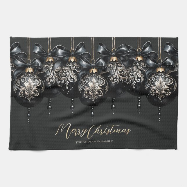 Elegant black gold baubles luxury Christmas Tea Towel (Horizontal)