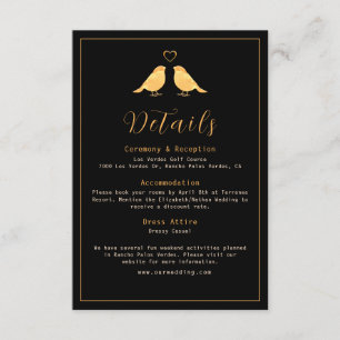 Elegant Black & Gold Birds Wedding Details Enclosure Card