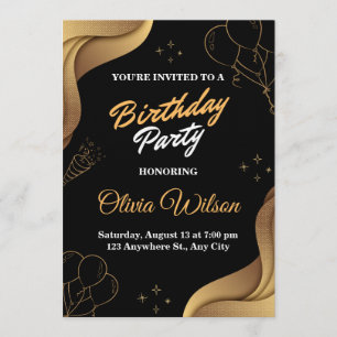 Elegant Black & Gold Birthday Party Invitation