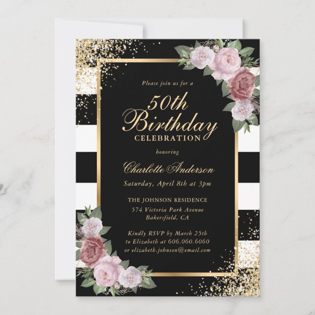 Elegant Black Gold Black Pink Floral 50th Birthday Invitation (Front)