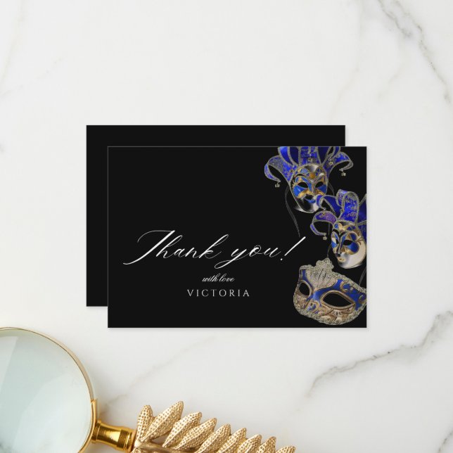 Elegant Black Gold Blue Masquerade Party Birthday  Thank You Card (Front/Back In Situ)