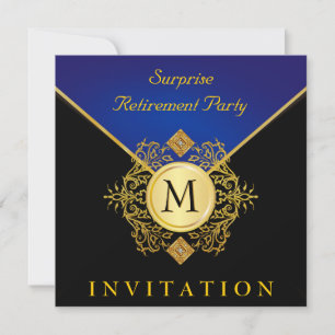 Elegant Black Gold Blue Monogram Invite 2
