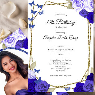 Elegant Black Gold Blue Roses 18th Birthday Debut Invitation
