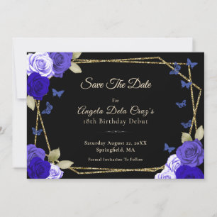 Elegant Black Gold Blue Roses 18th Birthday Debut Save The Date