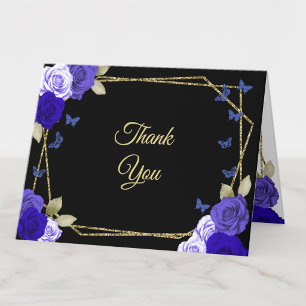 Elegant Black Gold Blue Roses 18th Birthday Debut Thank You Card