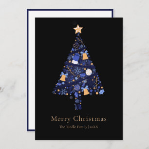 Elegant Black Gold Blue Script Christmas Tree Holiday Card