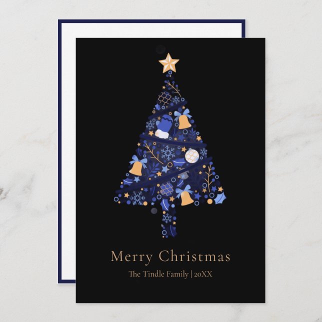 Elegant Black Gold Blue Script Christmas Tree Holiday Card (Front/Back)