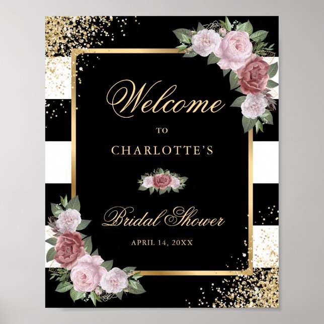 Elegant Black Gold Blush Floral Bridal Shower Sign (Front)