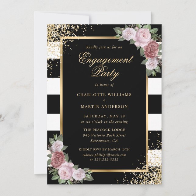 Elegant Black Gold Blush Floral Engagement Party Invitation (Front)
