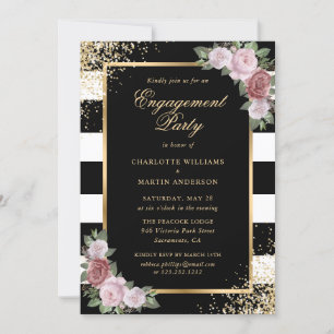 Elegant Black Gold Blush Floral Engagement Party Invitation