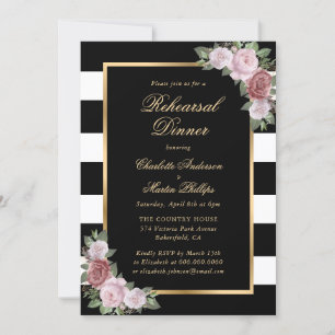 Elegant Black Gold Blush Floral Rehearsal Dinner Invitation