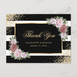 Elegant Black Gold Blush Pink Floral Thank You Postcard