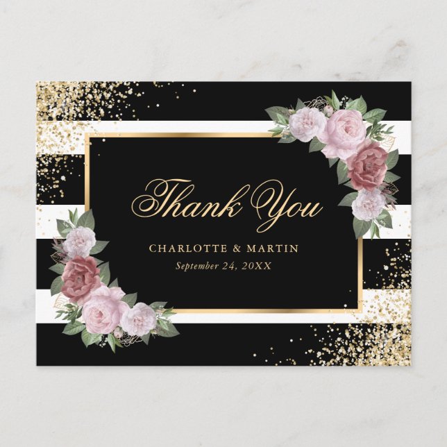 Elegant Black Gold Blush Pink Floral Thank You Postcard (Front)