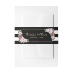 Elegant Black Gold Blush Pink Floral Wedding Invitation Belly Band