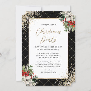 Elegant Black Gold Botanical Christmas Party Invitation