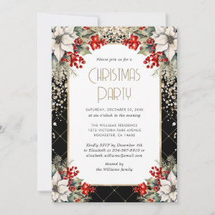 Elegant Black Gold Botanical Christmas Party Invitation