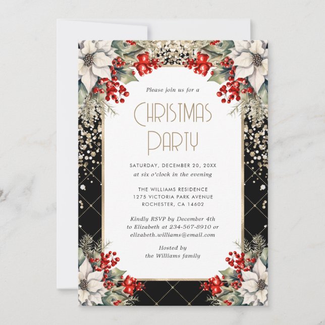 Elegant Black Gold Botanical Christmas Party Invitation (Front)