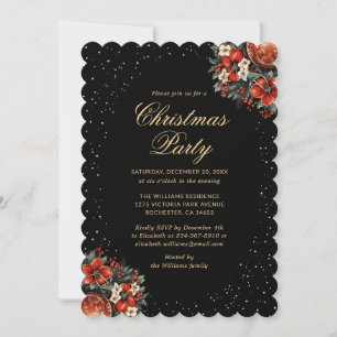 Elegant Black Gold Botanical Christmas Party Invitation