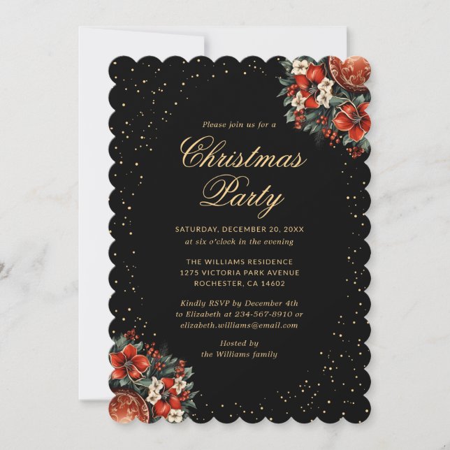 Elegant Black Gold Botanical Christmas Party Invitation (Front)