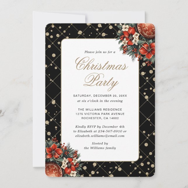 Elegant Black Gold Botanical Christmas Party Invitation (Front)