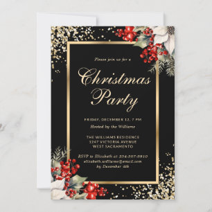 Elegant Black Gold Botanical Christmas Party Invitation