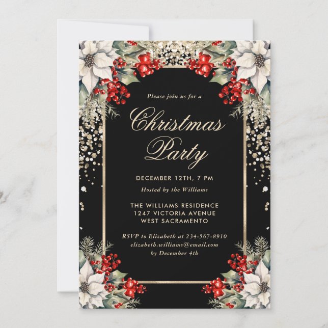Elegant Black Gold Botanical Christmas Party Invitation (Front)